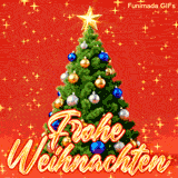 Animierte Weihnachtskarte mit einem traditionellen Christbaum. Goldene Sterne funkeln um die festliche Tanne, die mit bunten Ornamenten und einer leuchtenden Spitze verziert ist.