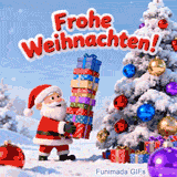 Animierte Weihnachtskarte mit einem fleißigen Santa. Die Figur balanciert einen Haufen Geschenke in der Nähe eines geschmückten Baumes, was eine lustige und festliche Szene schafft.