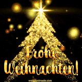 Ein leuchtender, goldener Weihnachtsbaum aus funkelnden Lichtern mit einem strahlenden Stern an der Spitze auf schwarzem Hintergrund.