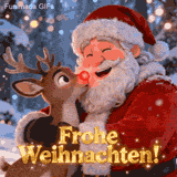 Ein süßes und gemütliches Weihnachts-GIF. Das rotnasige Rentier schmiegt sich an Santas Wange und wünscht allen 'Frohe Weihnachten!' mit purer Freude.