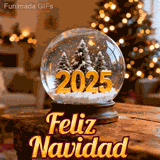 Tarjeta animada de vacaciones con una hermosa bola de nieve. La esfera guarda una escena de invierno con el año 2025, rodeada de un ambiente de salón acogedor y texto 'Feliz Navidad'.
