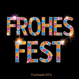 Der Text 'FROHES FEST' besteht aus bunten, glitzernden Edelsteinen auf einem schwarzen Hintergrund. Die Diamanten leuchten in Rot-, Blau-, Orange- und Violetttönen und reflektieren das Licht brillant.
