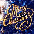 Sparklers and falling snow on dark blue background animated Merry Christmas card