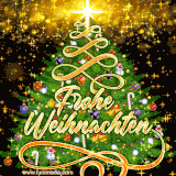 Ein geschmückter Weihnachtsbaum mit goldenen Ornamenten, Lichterketten und glitzernden Effekten auf funkelndem Hintergrund.