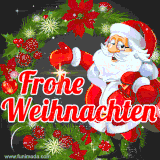 Ein fröhlicher Weihnachtsmann mit Brille, rotem Mantel und großem Sack, umgeben von einem dekorierten Tannenkranz.