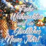 Verschneite Tannenzweige mit Zapfen, goldenen Glocken und Weihnachtskugeln vor blauem Hintergrund mit funkelnden Sternen.
