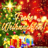 Ein fröhlicher Weihnachtsmann mit großem Sack voller Geschenke, einem Zuckerstab und einem winterlichen Hintergrund.