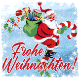 Ein freundlicher Weihnachtsmann mit Brille und rotem Mantel vor einem verschneiten Hintergrund mit goldenen Weihnachtsglocken.