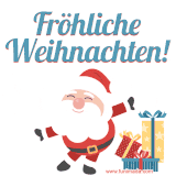 Ein lächelnder, gezeichneter Weihnachtsmann mit ausgestreckten Armen und Geschenken vor hellem Hintergrund.