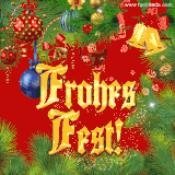 Ein roter, festlicher Hintergrund mit grünen Tannenzweigen, goldenen Kugeln und funkelnden Sternen.