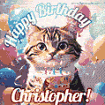 Happy birthday gif for Christopher with cat and cake