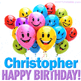 An animated birthday-themed name GIF with colorful smiling balloons and bold 'Christopher, Happy Birthday!' text for a celebratory touch.