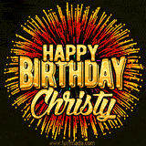 Golden 'Happy Birthday Christy' text accompanied by animated rainbow fireworks for a festive animated greeting.