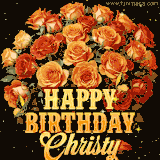Animated bouquet of orange roses with moving butterfles and golden 'Happy Birthday Christy' text, surrounded by sparkling accents and a dark backdrop for a luxurious feel.