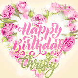 A stunning heart made of pink roses surrounds the elegant script text 'Happy Birthday Christy' on a soft beige background. Animated sparkles add a magical and festive feel.