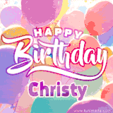 A vibrant name GIF featuring colorful balloons in shades of pink, orange, and yellow with the bold text 'Happy Birthday Christy' in festive fonts, creating a lively birthday vibe.