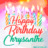 Bright birthday candles with rainbow flames on a cake, alongside the text 'Happy Birthday Chrysanthe' in vibrant script in this celebratory animated GIF.