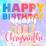 A vibrant animated name GIF with the words 'Happy Birthday Chrysanthe' with colorful candles on a creamy cake. The background sparkles with pastel shades, adding a festive touch.