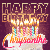 A colorful birthday cake topped with lit candles, with the words 'Happy Birthday Chrysanthe' in bold glowing letters on a burgundy background. Animated flames add a festive touch.