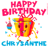 A vibrant and funny gift box character with a happy face dancing with a cupcake and the text 'Happy Birthday Chrysanthe,' surrounded by animated confetti and party vibes.
