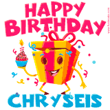 A vibrant and funny gift box character with a happy face dancing with a cupcake and the text 'Happy Birthday Chryseis,' surrounded by animated confetti and party vibes.