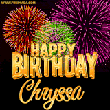 A golden 'Happy Birthday Chryssa' message with vibrant fireworks in the background, creating a festive and celebratory vibe in this animated name GIF.