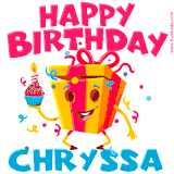 A vibrant and funny gift box character with a happy face dancing with a cupcake and the text 'Happy Birthday Chryssa,' surrounded by animated confetti and party vibes.