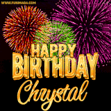 A golden 'Happy Birthday Chrystal' message with vibrant fireworks in the background, creating a festive and celebratory vibe in this animated name GIF.
