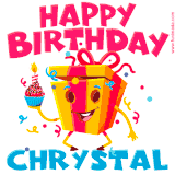 A vibrant and funny gift box character with a happy face dancing with a cupcake and the text 'Happy Birthday Chrystal,' surrounded by animated confetti and party vibes.