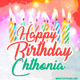 Bright birthday candles with rainbow flames on a cake, alongside the text 'Happy Birthday Chthonia' in vibrant script in this celebratory animated GIF.