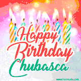 Bright birthday candles with rainbow flames on a cake, alongside the text 'Happy Birthday Chubasca' in vibrant script in this celebratory animated GIF.