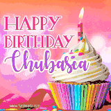 A vibrant birthday GIF featuring a rainbow-colored cupcake topped with white frosting, sprinkles, and a lit candle. The text reads 'Happy Birthday Chubasca' in bold pink and violet letters with white outline.