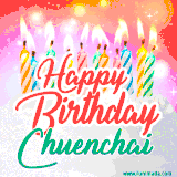 Bright birthday candles with rainbow flames on a cake, alongside the text 'Happy Birthday Chuenchai' in vibrant script in this celebratory animated GIF.
