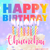 A vibrant animated name GIF with the words 'Happy Birthday Chuenchai' with colorful candles on a creamy cake. The background sparkles with pastel shades, adding a festive touch.