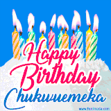 A cheerful animated GIF featuring colorful lit birthday candles on a white cake, with the text 'Happy Birthday Chukwuemeka' in bold red and blue script on a bright blue background.