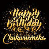Animated GIF with colorful, festive 'Happy Birthday Chukwuemeka' text decorated with patterns, a party hat, and falling confetti. A vibrant and cheerful design for birthday celebrations.