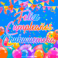 A vibrant animated GIF with 'Feliz Cumpleaños Chukwuemeka' written in colorful script, surrounded by balloons, confetti, and bunting on a bright blue background.