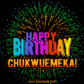 A colorful animated GIF featuring the text 'Happy Birthday Chukwuemeka!' in rainbow colors with a dynamic iridescent firework display in the background.