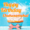 A cheerful animated GIF of a cupcake with creamy frosting, a red checkered ribbon, and a bright sparkler on top. The text 'Happy Birthday Chukwuemeka!' is displayed in vibrant orange and red.