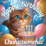 A playful tabby cat sits behind a colorful birthday cake surrounded by balloons and confetti, with 'Happy Birthday Chukwuemeka!' written above in festive letters.