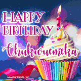 A festive animated GIF featuring a colorful cupcake with a single lit candle, sprinkles, and 'Happy Birthday Chukwuemeka' text against a sparkling, celebratory background.