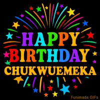 Vibrant animated GIF with 'Happy Birthday Chukwuemeka' in rainbow-colored text, surrounded by colorful stars and fireworks on a black background.