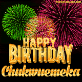 A captivating GIF with bursts of green, pink, and orange fireworks lighting up the night sky, accompanied by 'Happy Birthday Chukwuemeka' in glowing golden text.
