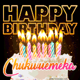 A vibrant animated GIF featuring a delicious birthday cake topped with glowing candles and the name 'Chukwuemeka' in elegant script, and the words 'Happy Birthday' on the black background.