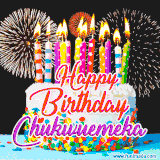 A lively happy birthday animated GIF showcasing a colorful birthday cake covered in sprinkles, topped with glowing candles, and surrounded by vibrant fireworks. The name 'Chukwuemeka' is featured in elegant script.