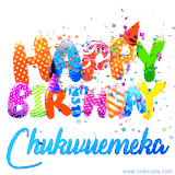 Animated GIF with colorful, festive 'Happy Birthday Chukwuemeka' text decorated with patterns, a party hat, and falling confetti. A vibrant and cheerful design for birthday celebrations.