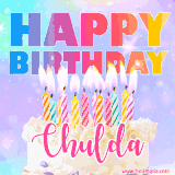 A vibrant animated name GIF with the words 'Happy Birthday Chulda' with colorful candles on a creamy cake. The background sparkles with pastel shades, adding a festive touch.