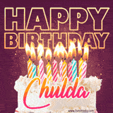 A colorful birthday cake topped with lit candles, with the words 'Happy Birthday Chulda' in bold glowing letters on a burgundy background. Animated flames add a festive touch.