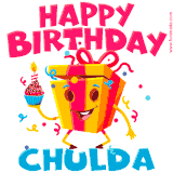 A vibrant and funny gift box character with a happy face dancing with a cupcake and the text 'Happy Birthday Chulda,' surrounded by animated confetti and party vibes.