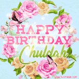 A charming animated GIF featuring 'Happy Birthday Chuldah' in pink and green text, surrounded by delicate roses, leaves, and fluttering butterflies on a soft light blue pastel background.